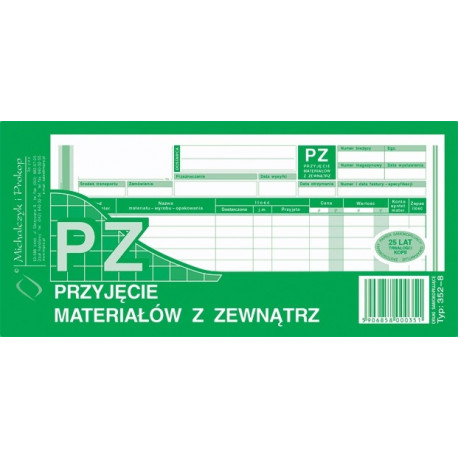 352-8 PZ PRZYJĘCIE MATERIAŁÓW 1/3 A4 WIELOKOPIA 80K