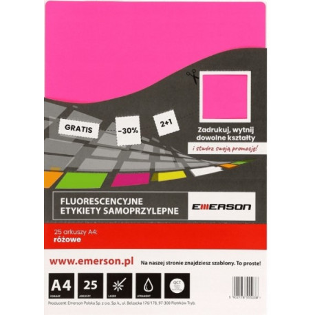 FLUORESCENCYJNE ETYKIETY SAMOPRZYLEPNE A4 RÓŻOWE 25ARKUSZY