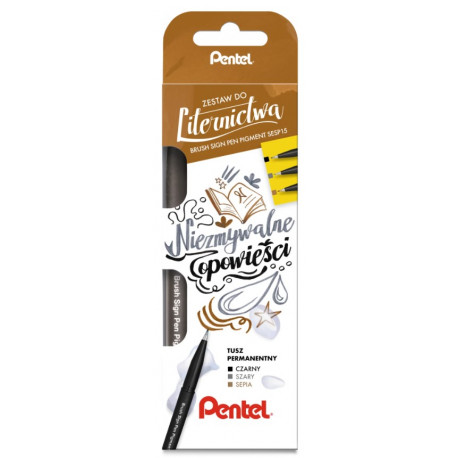 ZESTAW DO LITERNICTWA PENTEL PISAK BRUSH SIGN PEN PIGMENT KPL 3 SZT. SESP15-ST3ANSPPL