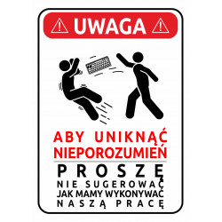 Tabliczka UWAGA - ABY UNIKAĆ NIEPOROZUMIEŃ A5 PCV