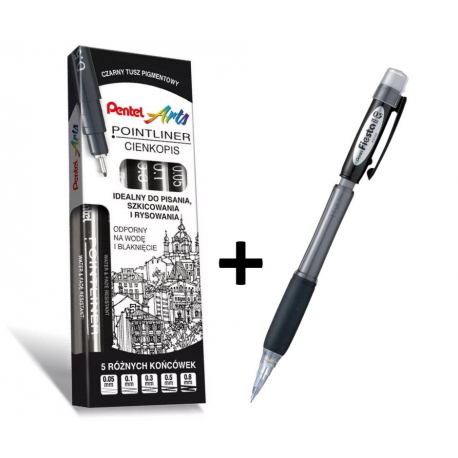 Zestaw cienkopisów kalibrowanych pointliner 5szt Pentel + ołówek Fiesta GRATIS