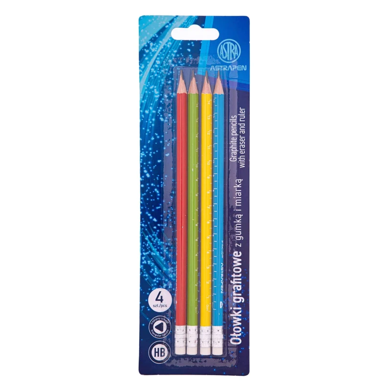 OŁÓWKI GRAFITOWE TRÓJKĄTNE HB Z GUMKĄ I MIARKĄ ASTRAPEN 4 SZT. BLISTER