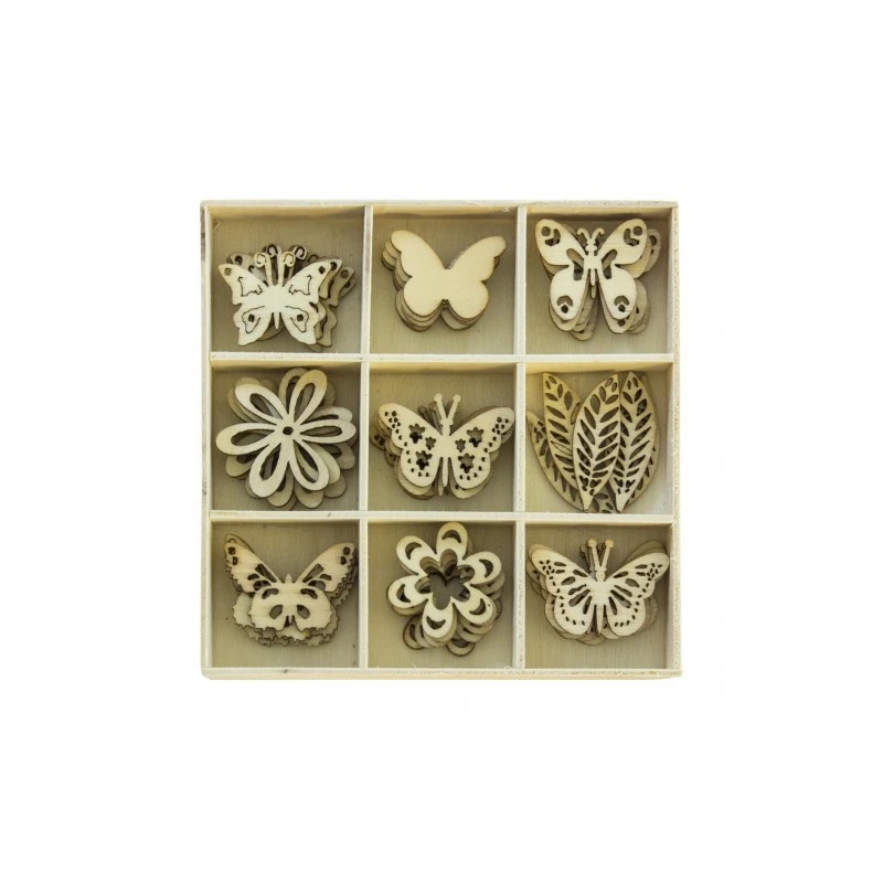 OZDOBY DREWNIANE, PUDEŁKO KWIATY I MOTYLE, OP45 SZT., PÓŁPRODUKT DEKORACYJNY