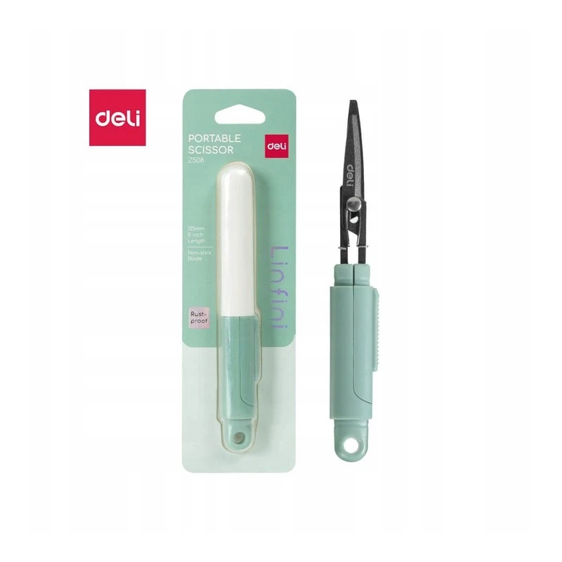 Kompaktowe nożyczki i w bezpiecznym etui, Deli EZ508, Linfini,, zielone