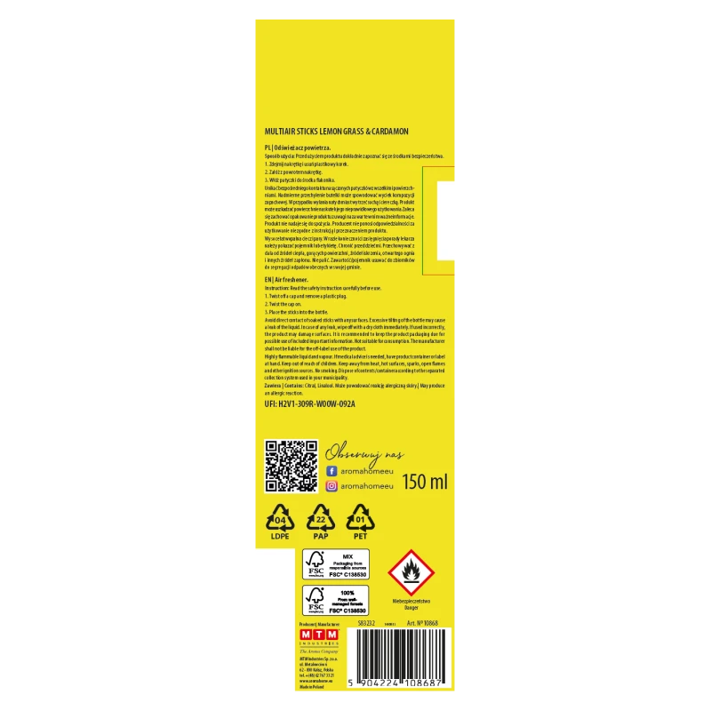 PATYCZKI ZAPACHOWE AROMA STICKS 150ML LEMONGRASS&CARDAMON