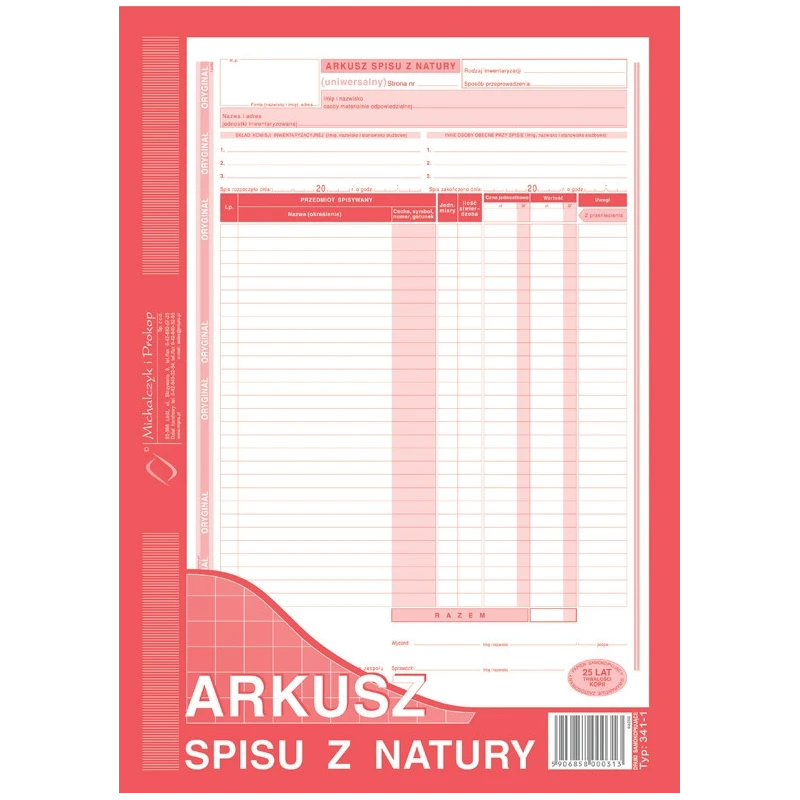 341-1 ARKUSZ SPISU Z NATURY A4 PION  (ORYGINAŁ+KOPIA) 48K