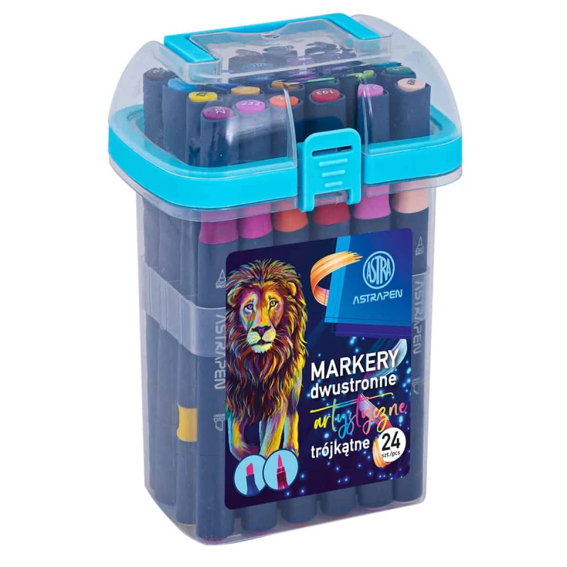 MARKERY ARTYSTYCZNE TRÓJKĄTNE DWUSTRONNE ASTRAPEN 24 KOLORY PĘDZELKOWA I ŚCIĘTA KOŃCÓWKA
