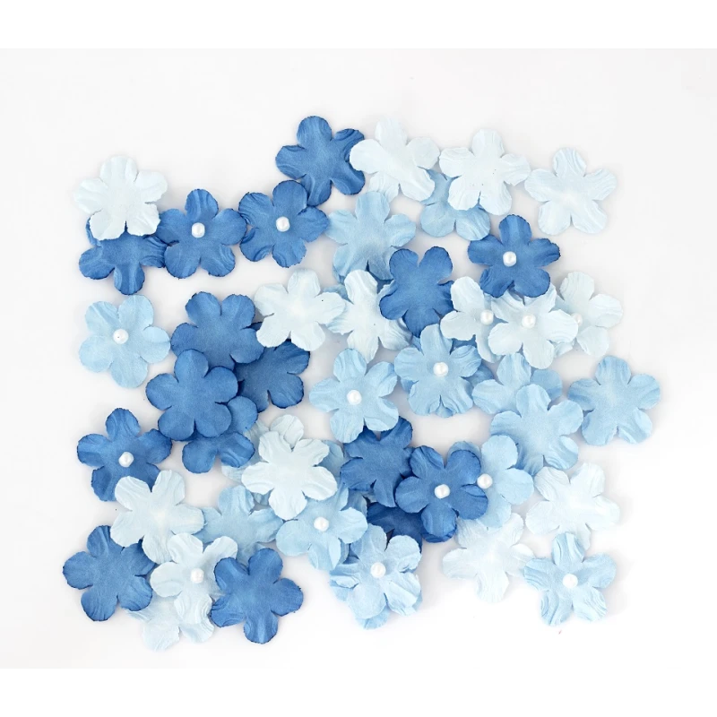 KWIATY PAPIEROWE NIEZAPOMINAJKI Z PEREŁKĄ OP50 SZT. MIX BŁĘKITNY - PÓŁPRODUKT DEKORACYJNY