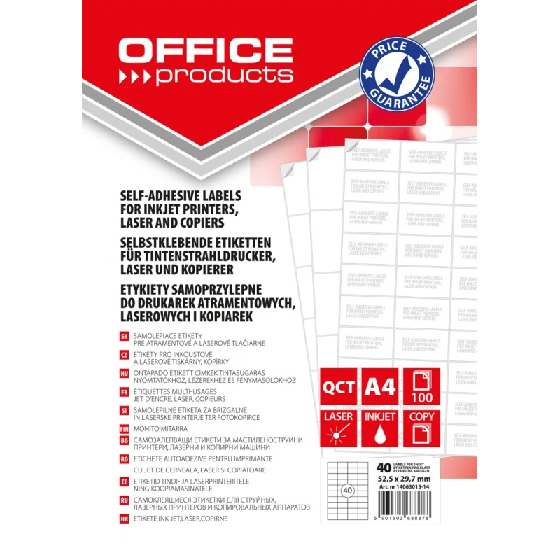 Etykiety samoprzylepne białe OFFICE PRODUCTS, 52,5X29,7mm, 100arkuszy