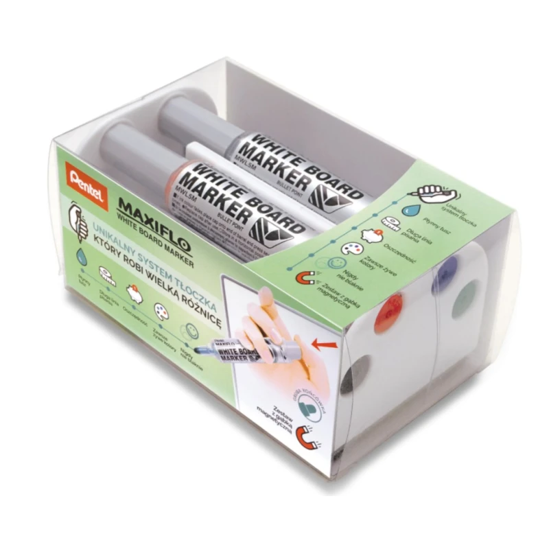 Markery suchościeralne do tablic PENTEL MAXIFLO S 4szt + gąbka