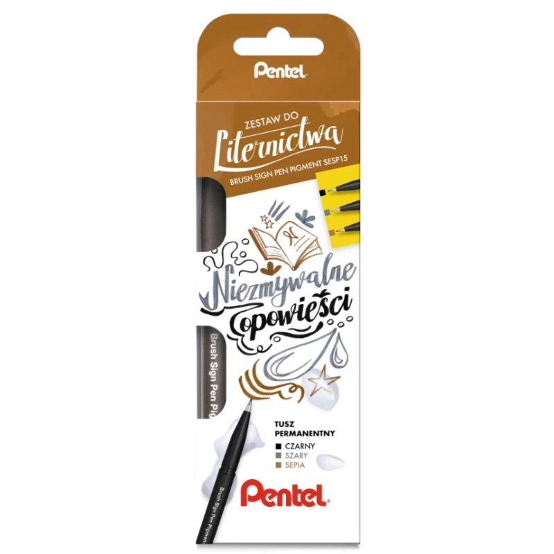 ZESTAW DO LITERNICTWA PENTEL PISAK BRUSH SIGN PEN PIGMENT KPL 3 SZT.