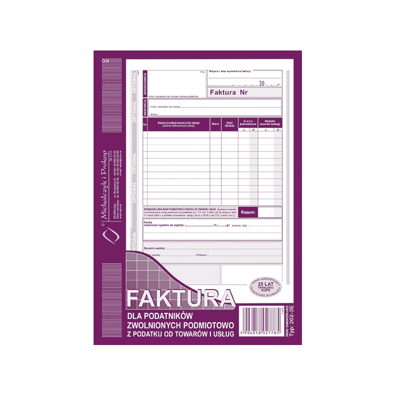 202-3E DRUK FAKTURA DLA PODATNIKÓW ZWOLNIONYCH