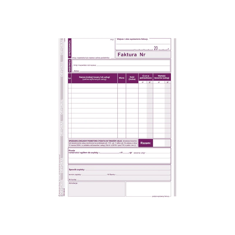 202-3E DRUK FAKTURA DLA PODATNIKÓW ZWOLNIONYCH