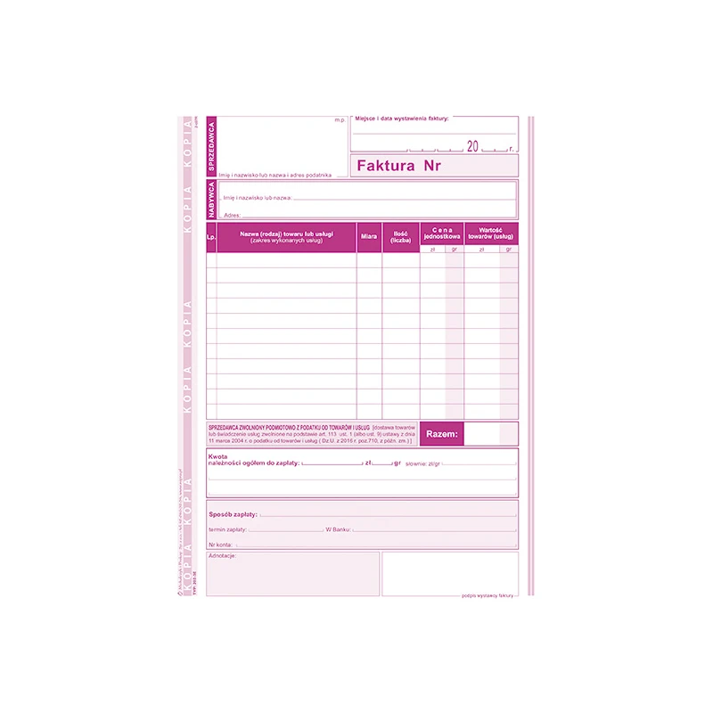 202-3E DRUK FAKTURA DLA PODATNIKÓW ZWOLNIONYCH