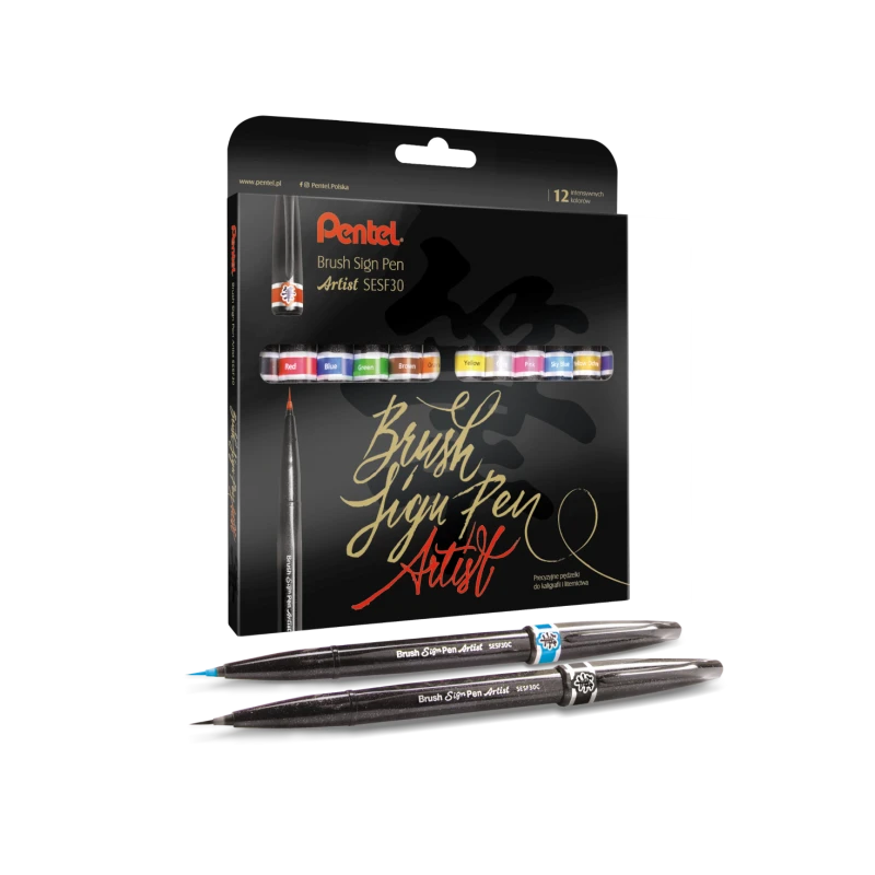 PISAKI PĘDZELKOWE PENTEL BRUSH SIGN PEN ARTIST 12KOL SESF30C