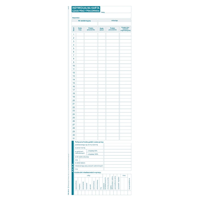 INDYWIDUALNA KARTA CZASU PRACY PRACOWNIKA 531-0 MiP