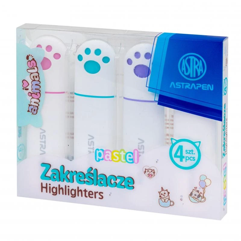 ZAKREŚLACZE Z ŁAPKAMI ASTRAPEN ANIMALS 4 SZT. PET BOX KOLORY PASTELOWE