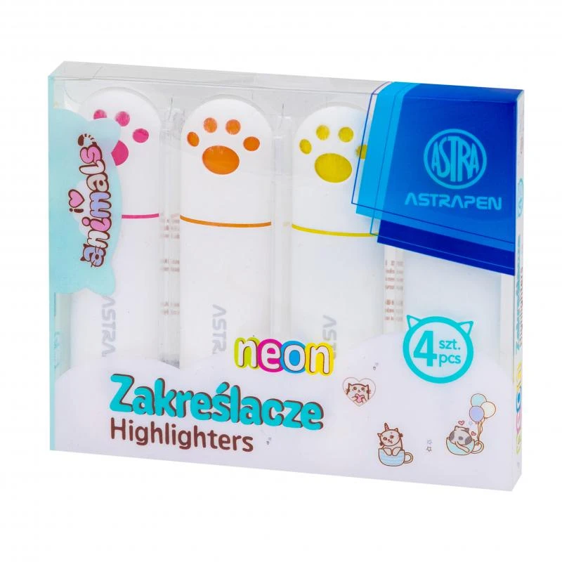 ZAKREŚLACZE Z ŁAPKAMI ASTRAPEN ANIMALS 4 SZT. PET BOX KOLORY NEONOWE