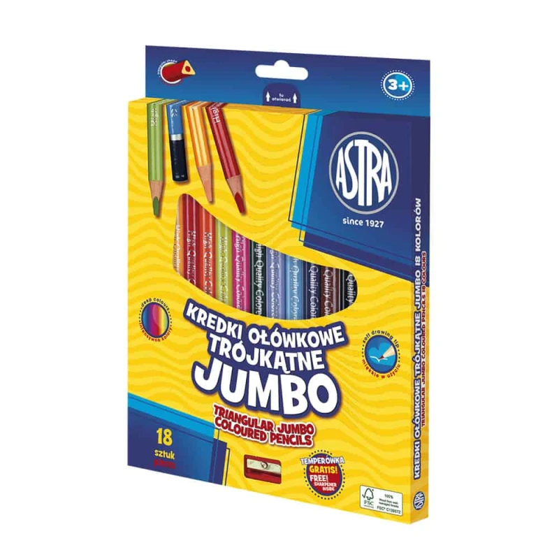 KREDKI OŁÓWKOWE TRÓJKĄTNE JUMBO ASTRA 18 KOLORÓW Z TEMPERÓWKĄ