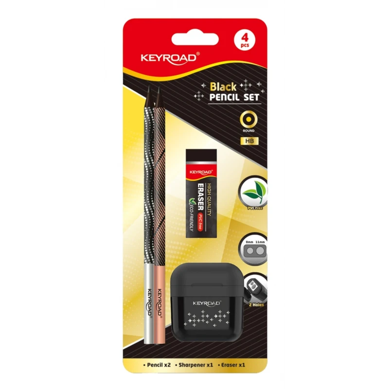 Zestaw szkolny KEYROAD Black Pencil Set, 2x czarny ołówek + gumka + temperówka, blister, czarny
 KR973269