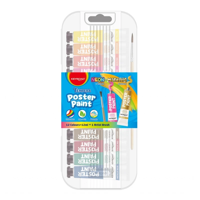 Farby plakatowe KEYROAD, 12x12ml, pędzelek gratis, mix kolorów metalicznych i neonowych
KR972961