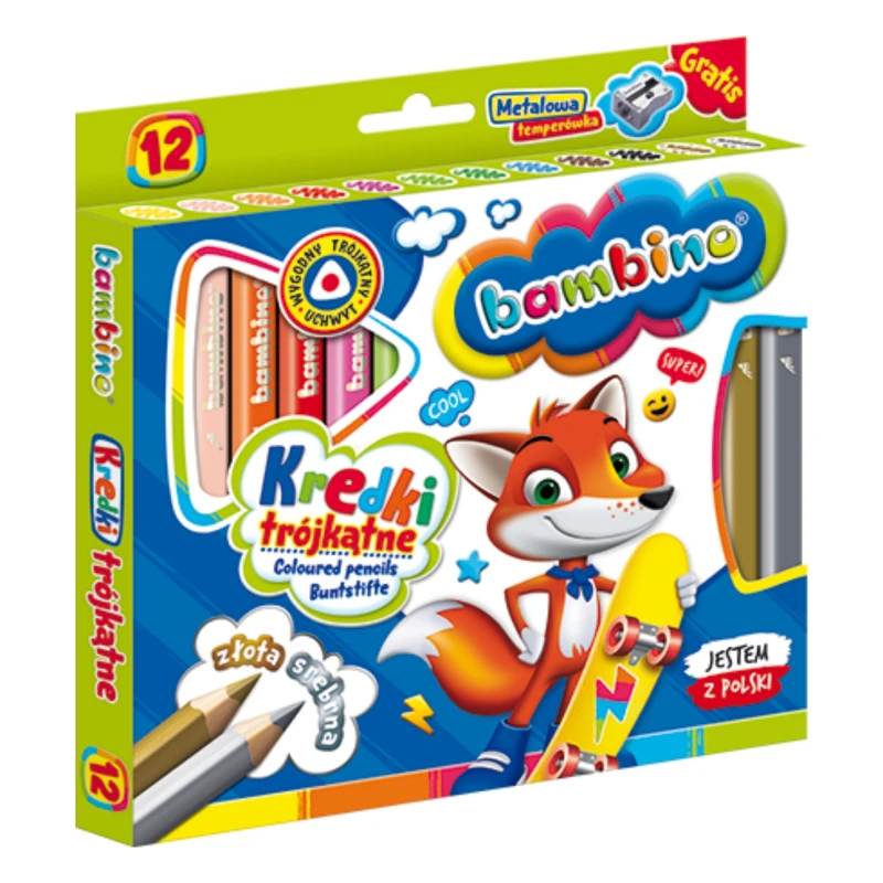 KREDKI BAMBINO JUMBO 12KOL TRÓJKĄTNE DREWNIANE +temperówka