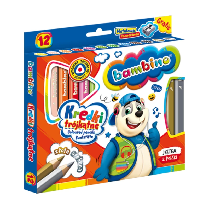 KREDKI BAMBINO JUMBO 12KOL TRÓJKĄTNE DREWNIANE +temperówka