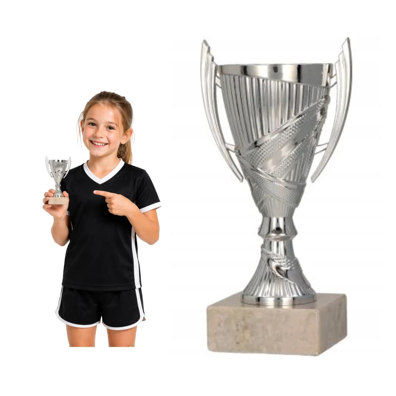 Puchar Plastikowy Srebrny Trofeum TABLICZKA Z GRAWEREM GRATIS 13,5 cm