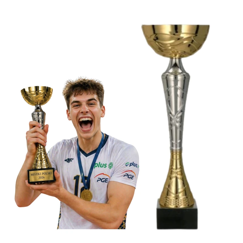 Puchar Metalowy Złoty Trofeum TABLICZKA Z GRAWEREM GRATIS 33 cm