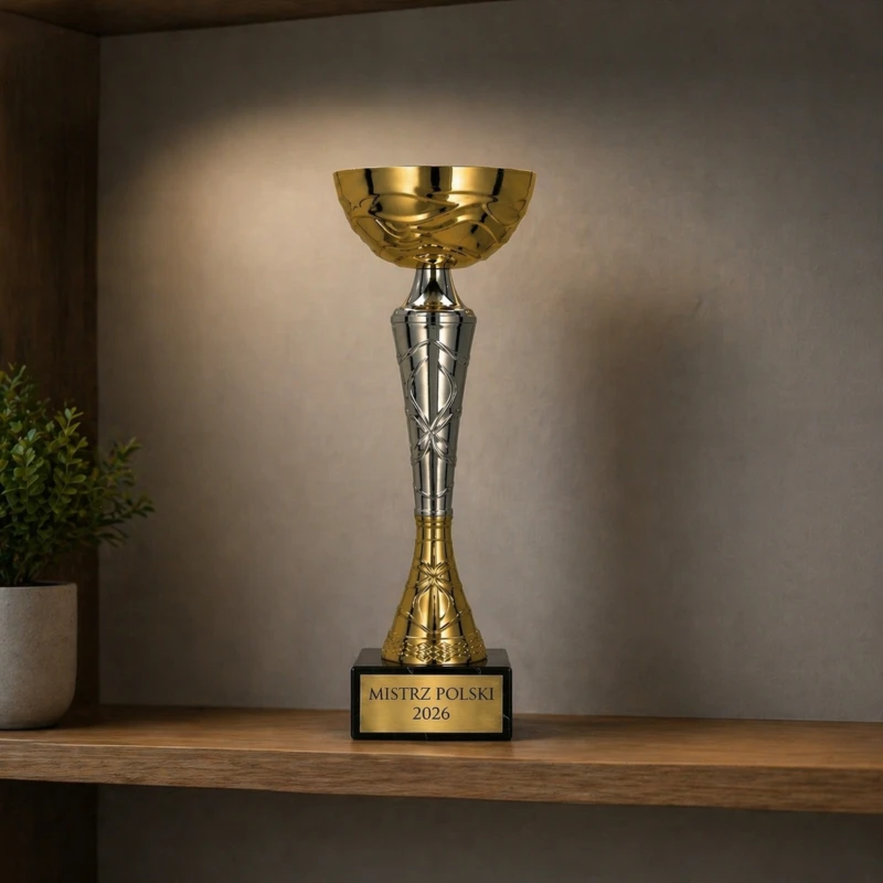 Puchar Metalowy Złoty Trofeum TABLICZKA Z GRAWEREM GRATIS 23 cm