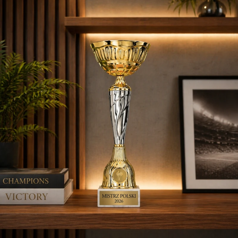 Puchar Metalowy Złoty Trofeum EMBLEMAT I TABLICZKA Z GRAWEREM GRATIS 21 cm