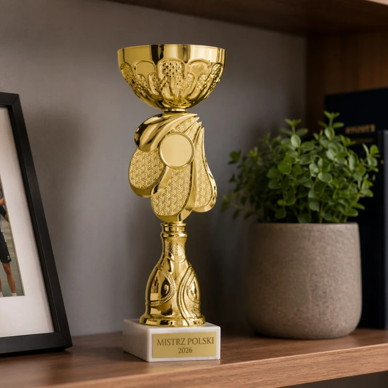 Puchar Metalowy Złoty EMBLEMAT I TABLICZKA Z GRAWEREM GRATIS 22 cm