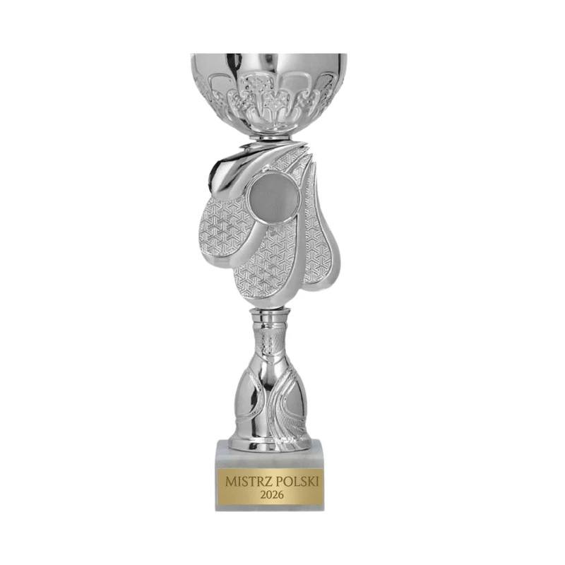 Puchar Metalowy Srebrny EMBLEMAT I TABLICZKA Z GRAWEREM GRATIS 20,5 CM
