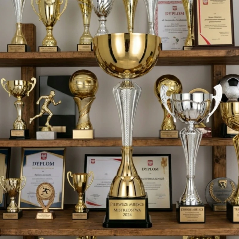 Puchar Metalowy Złoty Trofeum I Miejsce TABLICZKA Z GRAWEREM GRATIS 32 cm