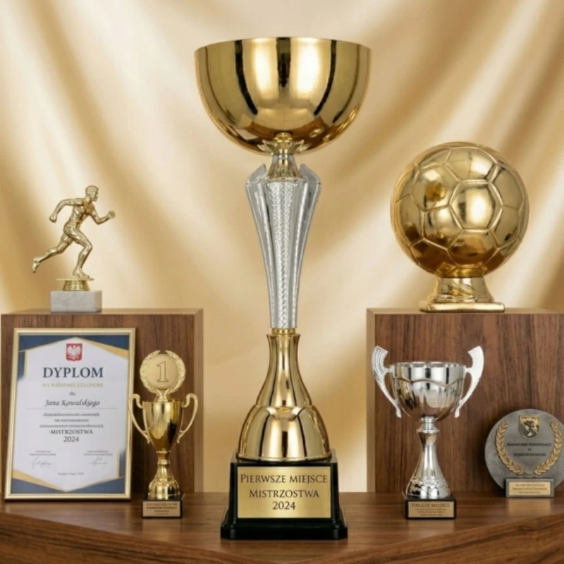 Puchar Metalowy Złoty Trofeum I Miejsce TABLICZKA Z GRAWEREM GRATIS 29,5 cm