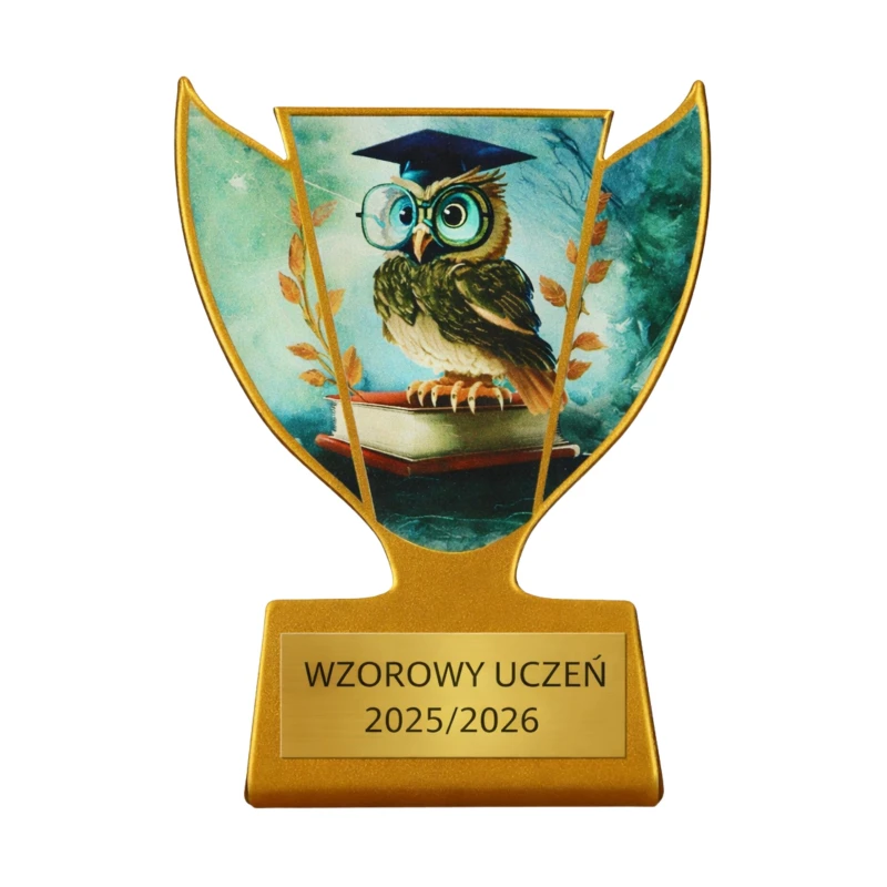 Statuetka Złota Metalowa Szkolna Sowa TABLICZKA Z GRAWEREM GRATIS 10 cm