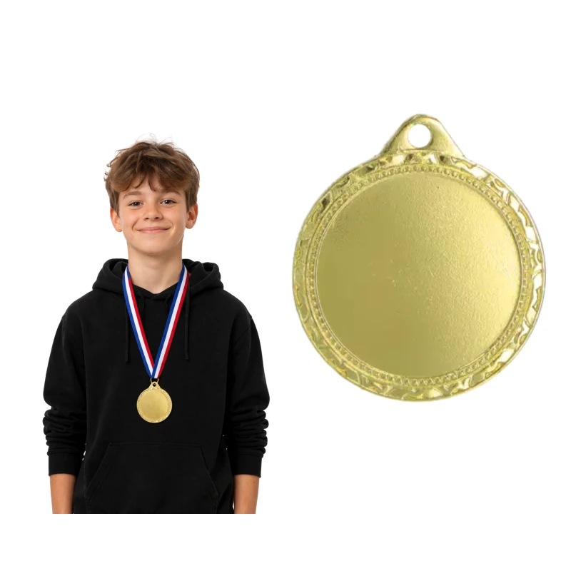 Medal Złoty 32mm I Miejsce Uniwersalny EMBLEMAT I WSTĄŻKA 11 MM GRATIS