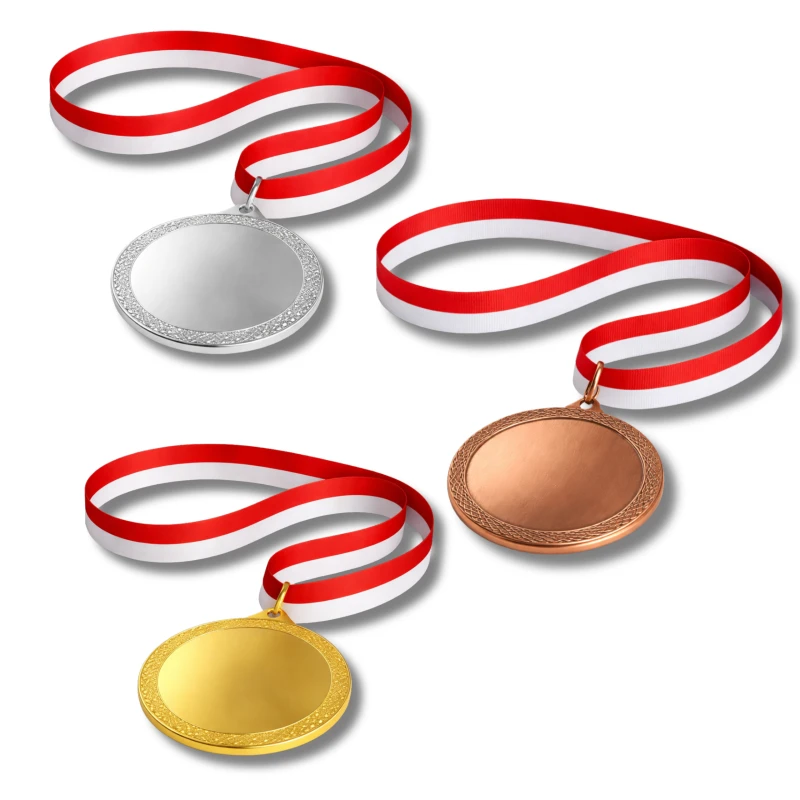 ZESTAW 3 Medale I-III Miejsce Uniwersalne 60 mm EMBLEMAT I WSTĄŻKA 22 MM GRATIS