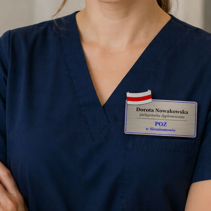 Srebrny Identyfikator Personalny Imienny na Magnes z Nadrukiem UV