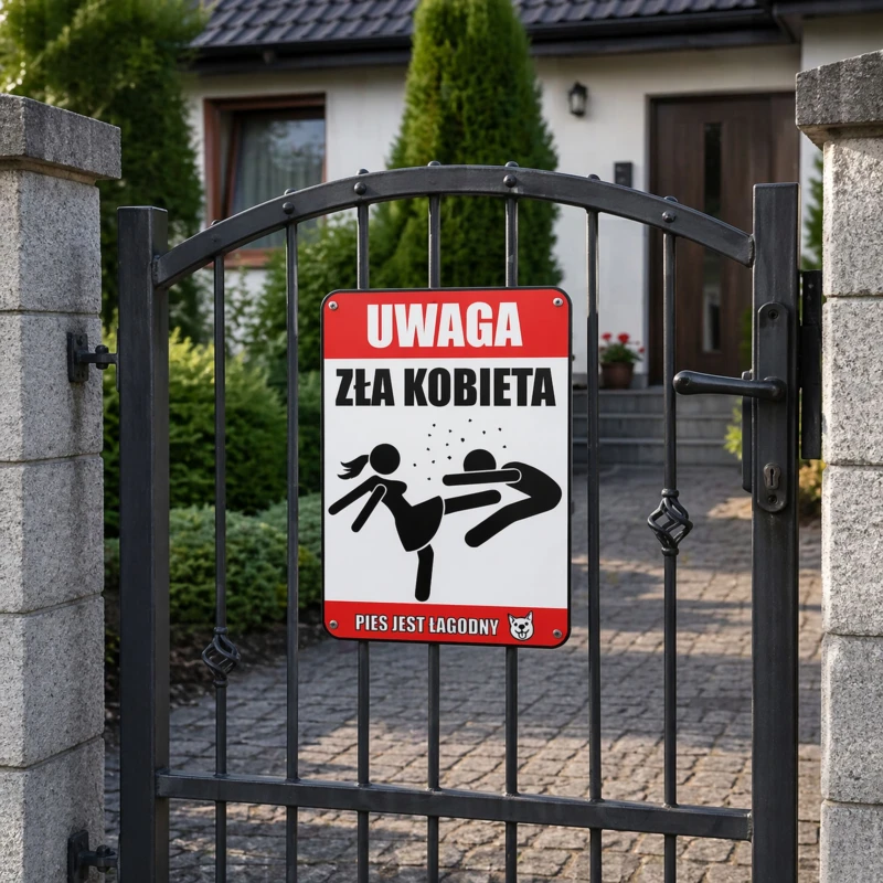 Tabliczka informacyjna UWAGA ZŁA KOBIETA PIES JEST ŁAGODNY A3 PCV
