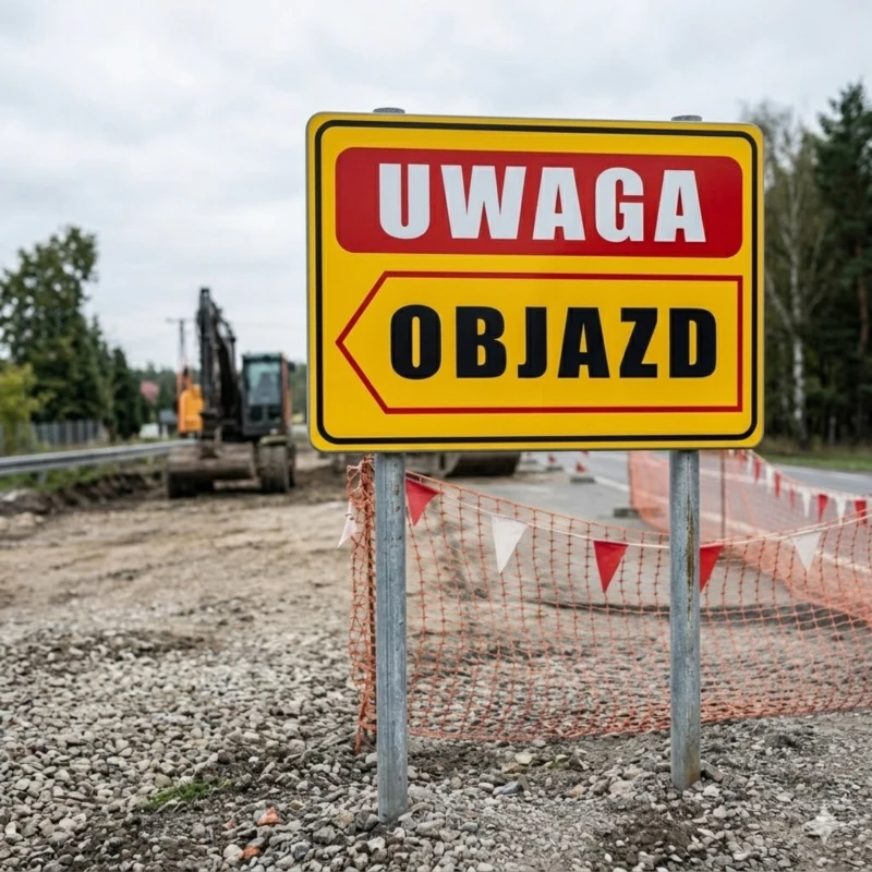 Tabliczka Informacyjna UWAGA OBJAZD (W LEWO) A4 PCV