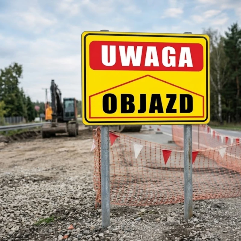 Tabliczka Informacyjna UWAGA OBJAZD (PROSTO) A5 PCV