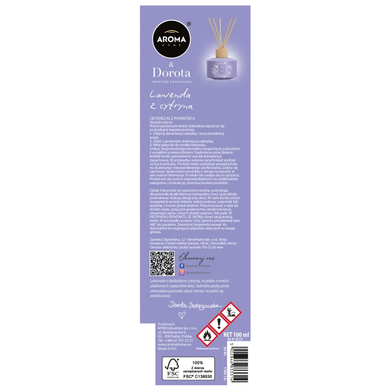 PATYCZKI ZAPACHOWE AROMA STICKS 100ML LAWENDA Z CYTRYNĄ