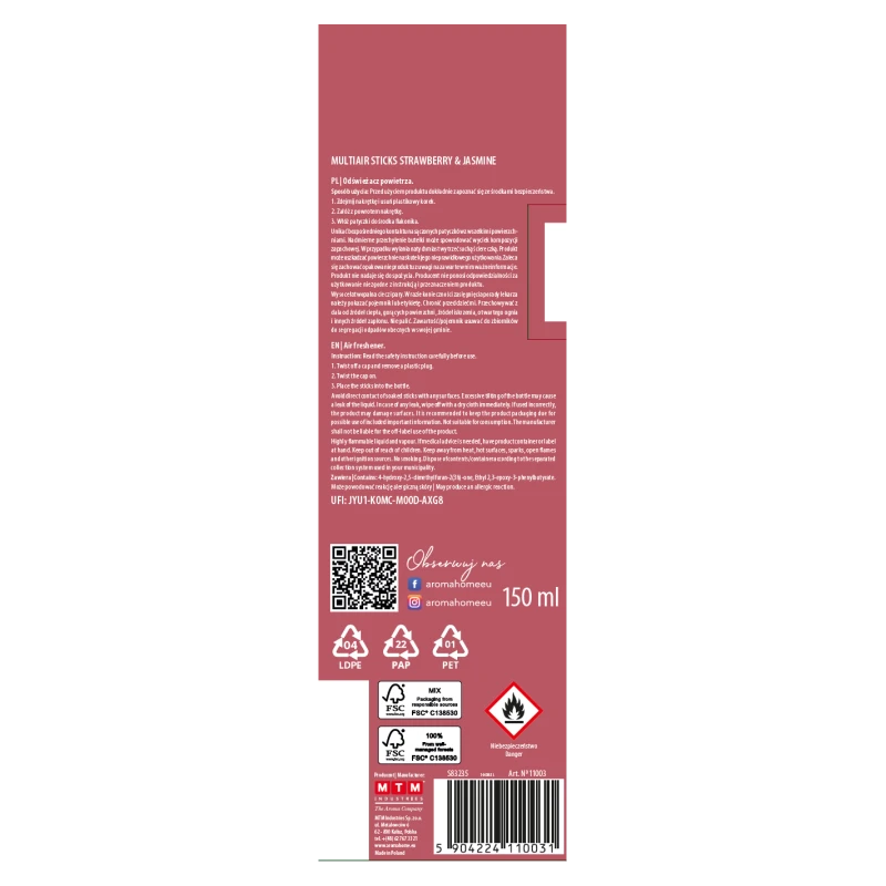 PATYCZKI ZAPACHOWE AROMA STICKS 150ML STRAWBERRY&JASMINE