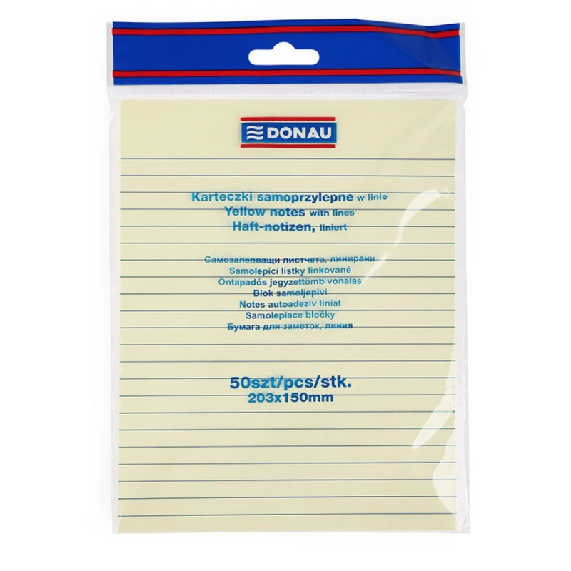 BLOCZEK SAMOPRZYLEPNY DONAU, 150X203MM, W LINIĘ, 1X50 KART., 75GSM, ŻÓŁTY
