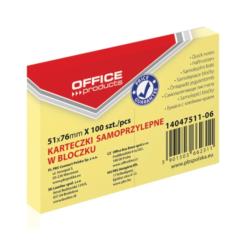 BLOCZEK SP OFFICE PRODUCTS 51X76MM 100K PASTEL JASNOŻÓŁTY