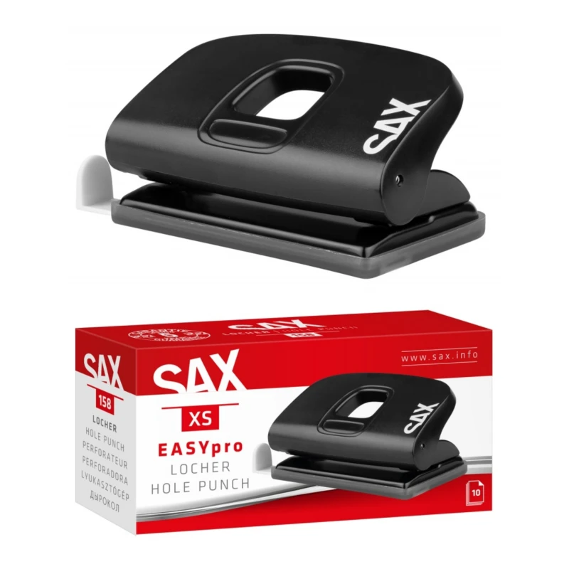 Dziurkacz SAX 158 EasyPro XS, dziurkuje do 10 kartek, czarny